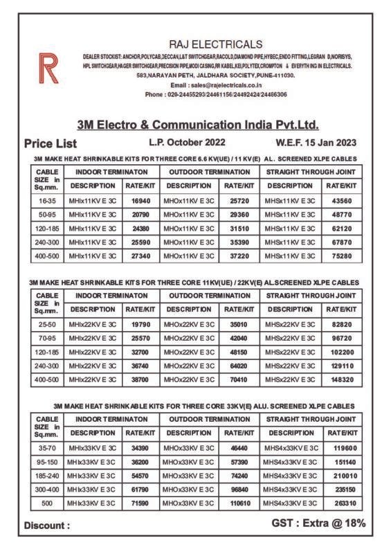 3M Jointing Kit Price List 15.01.2023