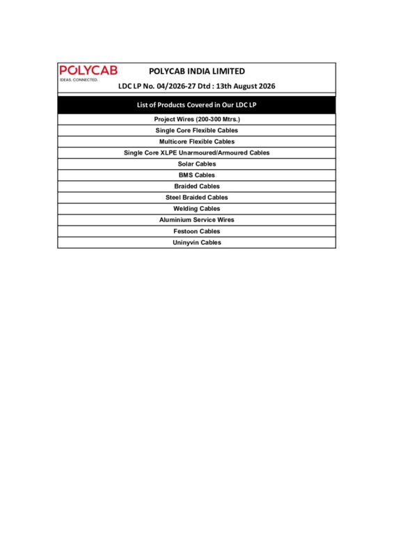 Polycab Project House Wire & Flexible Cables Price List 13-08-2026