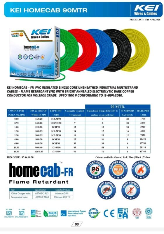 KEI House Wire 90Mtrs Price List 17-04-2026